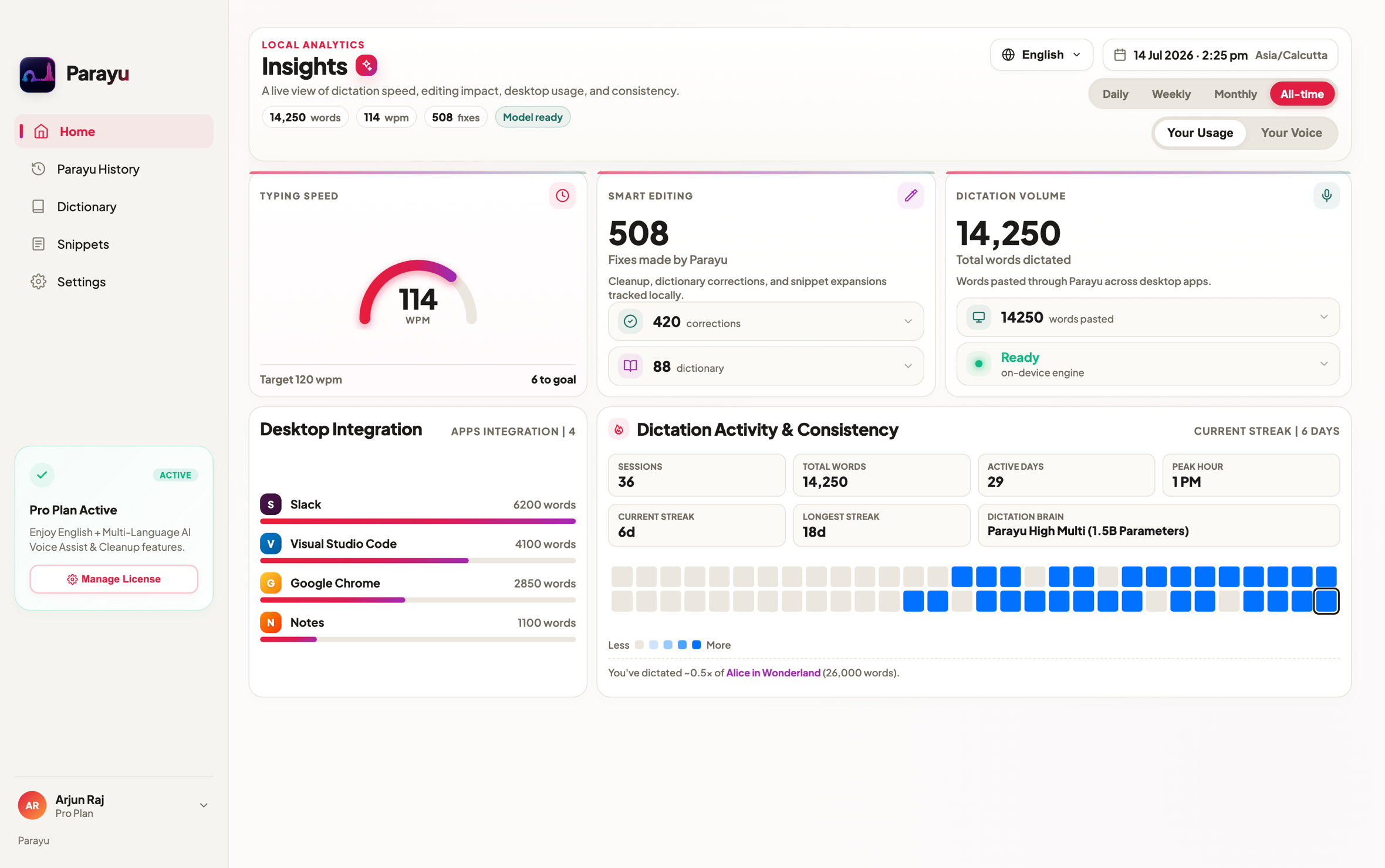 Your Dictation at a Glance — current Parayu interface