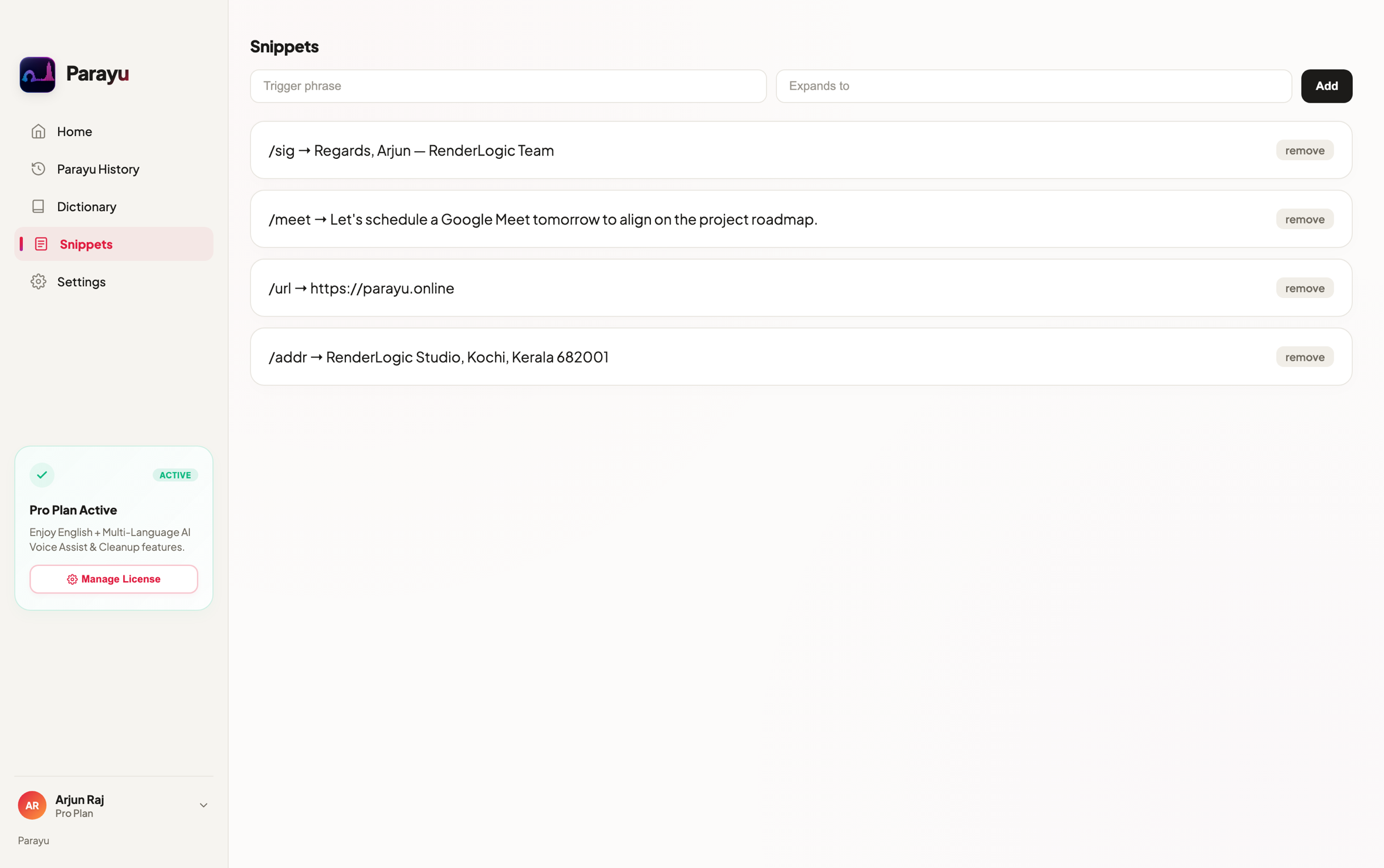 Shorthand Speech Commands — current Parayu interface